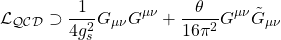 \[ \mathcal{L}_{\mathcal{QCD}}\supset \dfrac{1}{4g_s^2}G_{\mu\nu}G^{\mu\nu}+\dfrac{\theta}{16\pi^2}G^{\mu\nu}\tilde{G}_{\mu\nu}\]