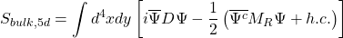 \begin{equation*} S_{bulk,5d}=\int d^4xdy\left[ i\overline{\Psi}\slashed{D}\Psi - \dfrac{1}{2}\left(\overline{\Psi^c}M_R\Psi +h.c. \right) \right] \end{equation*}