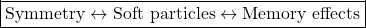 \[\boxed{\mbox{Symmetry}\leftrightarrow \mbox{Soft particles}\leftrightarrow\mbox{Memory effects}}\]