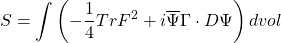 \begin{equation*}S=\int\left(-\dfrac{1}{4}Tr F^2+i\overline{\Psi} \Gamma \cdot D\Psi\right) dvol\end{equation*}