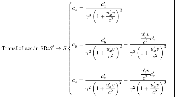 \[ \boxed{\mbox{Transf.of acc.in SR:} S'\rightarrow S \begin{cases}a_x=\dfrac{a'_x}{\gamma^3\left(1+\dfrac{u'_x v}{c^2}\right)^3}\\ \; \\ a_y=\dfrac{a'_y}{\gamma^2 \left(1+\dfrac{u'_x v}{c^2}\right)^2}-\dfrac{\dfrac{u'_y v}{c^2}a'_x}{\gamma^2\left(1+\dfrac{u'_x v}{c^2}\right)^3}\\ \; \\ a_z=\dfrac{a'_z}{\gamma^2 \left(1+\dfrac{u'_x v}{c^2}\right)^2}-\dfrac{\dfrac{u'_z v}{c^2}a'_x}{\gamma^2\left(1+\dfrac{u'_x v}{c^2}\right)^3}\end{cases}}\]