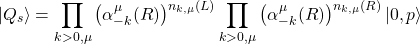 \begin{equation*}\vert Q_s\rangle=\displaystyle{\prod_{k>0,\mu}\left(\alpha^\mu_{-k}(R)\right)^{n_{k,\mu}(L)}\prod_{k>0,\mu}\left(\alpha^\mu_{-k}(R)\right)^{n_{k,\mu}(R)}\vert 0,p\rangle}\end{equation*}