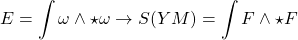 \begin{equation*} E=\int\omega\wedge \star\omega\rightarrow S(YM)=\int F\wedge\star F \end{equation*}