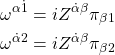 \begin{align*}\omega^{\alpha\dot{1}}=iZ^{\dot{\alpha}\beta}\pi_{\beta 1}\\ \omega^{\dot{\alpha}2}=iZ^{\dot{\alpha}\beta}\pi_{\beta 2}\end{align*}