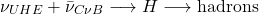 \begin{equation*} \nu_{UHE}+\bar{\nu}_{C\nu B}\longrightarrow H\longrightarrow \mbox{hadrons}\end{equation*}