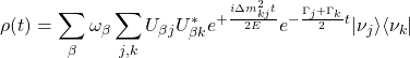 \displaystyle{\rho (t)=\sum_\beta \omega_\beta\sum_{j,k} U_{\beta j}U^*_{\beta k}e^{+\frac{i\Delta m_{kj}^2t}{2E}}e^{-\frac{\Gamma_j+\Gamma_k }{2} t}\vert \nu_j\rangle\langle\nu_k\vert}