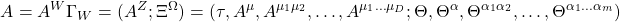 \begin{equation*} \tcboxmath{A=A^W\Gamma_W=(A^Z; \Xi^\Omega)=\left(\tau,A^\mu,A^{\mu_1\mu_2},\ldots,A^{\mu_1\dots\mu_D}; \Theta, \Theta^\alpha,\Theta^{\alpha_1\alpha_2},\ldots,\Theta^{\alpha_1\ldots\alpha_m}\right)} \end{equation*}