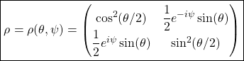 \begin{equation*} \boxed{\rho=\rho (\theta, \psi)=\begin{pmatrix}\cos^2 (\theta/2) & \dfrac{1}{2}e^{-i\psi}\sin (\theta)\\ \dfrac{1}{2}e^{i\psi}\sin (\theta) & \sin^2 (\theta/2)\end{pmatrix}} \end{equation*}