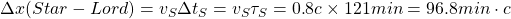 \Delta x(Star-Lord)=v_S\Delta t_S=v_S\tau_S=0\mbox{.}8c\times 121min=96\mbox{.}8min\cdot c