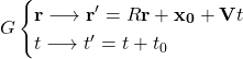 G\begin{cases} \mathbf{r}\longrightarrow \mathbf{r}'=R\mathbf{r}+\mathbf{x_0}+\mathbf{V}t\\ t\longrightarrow t'=t+t_0\end{cases}