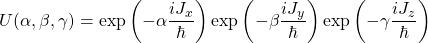 U(\alpha,\beta,\gamma)=\exp\left(-\alpha\dfrac{iJ_x}{\hbar}\right)\exp\left(-\beta\dfrac{iJ_y}{\hbar}\right)\exp\left(-\gamma\dfrac{iJ_z}{\hbar}\right)