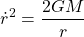 \[\dot{r}^2=\dfrac{2GM}{r}\]