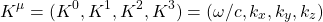 \[ K^\mu=(K^0,K^1,K^2,K^3)=(\omega/c,k_x,k_y,k_z)\]