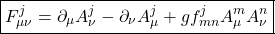 \[\boxed{F_{\mu\nu}^j=\partial_\mu A_\nu^j-\partial_\nu A_\mu^j+gf^{j}_{mn}A_\mu^m A_\nu^n}\]