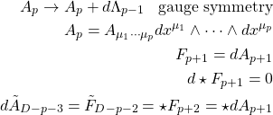 \begin{align*} A_p\rightarrow A_p+d\Lambda_{p-1}\;\;\; \mbox{gauge symmetry}\\ A_p=A_{\mu_1\cdots\mu_p}dx^{\mu_1}\wedge\cdots\wedge dx^{\mu_p}\\ F_{p+1}=dA_{p+1}\\ d\star F_{p+1}=0\\ d\tilde{A}_{D-p-3}=\tilde{F}_{D-p-2}=\star F_{p+2}=\star dA_{p+1} \end{align*}