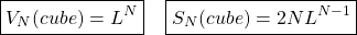 \begin{equation*} \boxed{V_N(cube)=L^N}\;\;\;\; \boxed{S_N(cube)=2NL^{N-1}} \end{equation*}