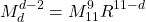 \begin{equation*} M_d^{d-2}=M_{11}^9R^{11-d} \end{equation*}