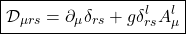 \[\boxed{\mathcal{D}_{\mu r s}=\partial_\mu \delta_{rs}+g\delta_{rs}^l A_\mu^l}\]