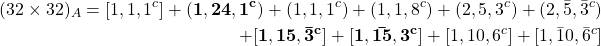 \begin{eqnarray*} (32 \times 32)_A= [1,1,1^c] + {\bf (1,24,1^c) }+ (1,1,1^c) +(1,1,8^c) + (2,5,3^c) + (2,\bar 5, \bar 3^c) \\ +{\bf [1,15,\bar3^c]} + {\bf [1, \bar {15}, 3^c]} +[1,10,6^c] + [1, \bar 10, \bar 6^c] \end{eqnarray*}