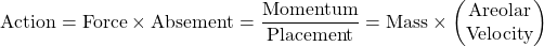 \[ \mbox{Action}=\mbox{Force}\times \mbox{Absement}=\dfrac{\mbox{Momentum}}{\mbox{Placement}}=\mbox{Mass}\times\begin{pmatrix}\mbox{Areolar}\\ \mbox{Velocity}\end{pmatrix}\]