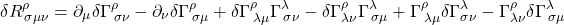 \[ \delta R^{\rho}_{\, \sigma \mu \nu} = \partial _{\mu} \delta \Gamma^{\rho}_{\, \sigma \nu} - \partial_\nu \delta \Gamma^{\rho}_{\, \sigma \mu} + \delta \Gamma ^{\rho}_{\, \lambda \mu} \Gamma^{\lambda}_{\, \sigma \nu} - \delta \Gamma^{\rho}_{\lambda \nu}\Gamma^{\lambda}_{\, \sigma \mu} + \Gamma^{\rho}_{\, \lambda \mu}\delta \Gamma^{\lambda}_{\sigma \nu} - \Gamma^{\rho}_{\lambda \nu} \delta \Gamma^{\lambda}_{\, \sigma \mu}\]