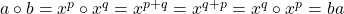 a\circ b=x^p\circ x^q=x^{p+q}=x^{q+p}=x^q\circ x^p=ba