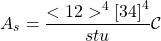 \begin{equation*}A_s=\dfrac{<12>^4\left[34\right]^4}{stu}\mathcal{C}\end{equation*}