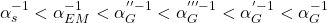 \[ \alpha_s^{-1}<\alpha_{EM}^{-1}<\alpha^{''-1}_G <\alpha^{'''-1}_G <\alpha^{'-1}_G < \alpha^{-1}_G\]