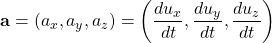 \[ \mathbf{a}=(a_x,a_y,a_z)=\left(\dfrac{du_x}{dt},\dfrac{du_y}{dt},\dfrac{du_z}{dt}\right)\]