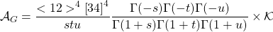 \begin{equation*}\mathcal{A}_G=\dfrac{<12>^4\left[34\right]^4}{stu}\dfrac{\Gamma(-s)\Gamma(-t)\Gamma(-u)}{\Gamma(1+s)\Gamma(1+t)\Gamma(1+u)}\times \mathcal{K}\end{equation*}