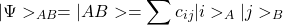 \[\vert\Psi>_{AB}=\vert AB>=\sum c_{ij}\vert i>_A\vert j>_B\]