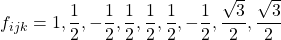 f_{ijk}=1,\dfrac{1}{2},-\dfrac{1}{2},\dfrac{1}{2},\dfrac{1}{2},\dfrac{1}{2},-\dfrac{1}{2},\dfrac{\sqrt{3}}{2},\dfrac{\sqrt{3}}{2}