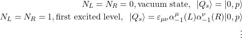 \begin{align*}N_L=N_R=0,\mbox{vacuum state},\;\;\vert Q_s\rangle=\vert 0,p\rangle\\ N_L=N_R=1,\mbox{first excited level},\;\;\vert Q_s\rangle=\varepsilon_{\mu\nu}\alpha^\mu_{-1}(L)\alpha^\nu_{-1}(R)\vert 0,p\rangle\\ \vdots\end{align*}