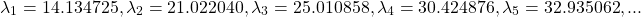 \[ \displaystyle{\lambda_{1}=14.134725, \lambda_{2}= 21.022040, \lambda_{3}=25.010858, \lambda _{4}=30.424876, \lambda_{5}=32.935062, ...}\]