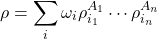 \begin{equation*}\rho=\sum_i\omega_i\rho_{i_1}^{A_1}\cdots\rho_{i_n}^{A_n}\end{equation*}