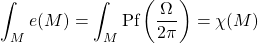 \begin{equation*} \int_M e(M)=\int_M \mbox{Pf}\left(\dfrac{\Omega}{2\pi}\right)=\chi(M) \end{equation*}