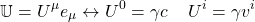 \[ \mathbb{U}=U^\mu e_\mu \leftrightarrow U^0=\gamma c \;\;\;\; U^i=\gamma v^i\]