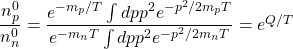 \dfrac{n_p^0}{n_n^0}=\dfrac{e^{-m_p/T}\int dpp^2e^{-p^2/2m_pT}}{e^{-m_nT}\int dpp^2e^{-p^2/2m_nT}}=e^{Q/T}