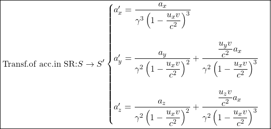 \[ \boxed{\mbox{Transf.of acc.in SR:} S\rightarrow S' \begin{cases}a'_x=\dfrac{a_x}{\gamma^3\left(1-\dfrac{u_x v}{c^2}\right)^3}\\ \; \\ a'_y=\dfrac{a_y}{\gamma^2 \left(1-\dfrac{u_x v}{c^2}\right)^2}+\dfrac{\dfrac{u_y v}{c^2}a_x}{\gamma^2\left(1-\dfrac{u_x v}{c^2}\right)^3}\\ \; \\ a'_z=\dfrac{a_z}{\gamma^2 \left(1-\dfrac{u_x v}{c^2}\right)^2}+\dfrac{\dfrac{u_z v}{c^2}a_x}{\gamma^2\left(1-\dfrac{u_x v}{c^2}\right)^3}\end{cases}}\]