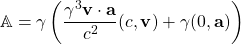 \[ \mathbb{A}=\gamma \left( \dfrac{\gamma^3 \mathbf{v}\cdot \mathbf{a}}{c^2}(c, \mathbf{v}) +\gamma (0,\mathbf{a})\right)\]