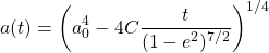 \[\label{eq:AOfTAllEcc}a(t) = \left(a_0^4-4C\frac{t}{(1-e^2)^{7/2}}\right)^{1/4}\]