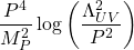\begin{equation*}\dfrac{P^4}{M_P^2}\log \left(\dfrac{\Lambda_{UV}^2}{P^2}\right)\end{equation*}