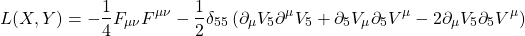 \begin{equation*} L(X,Y)=-\dfrac{1}{4}F_{\mu\nu}F^{\mu\nu}-\dfrac{1}{2}\delta_{55}\left(\partial_\mu V_5\partial^\mu V_5+\partial_5V_\mu\partial_5V^\mu-2\partial_\mu V_5\partial_5 V^\mu\right) \end{equation*}