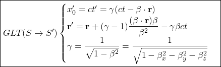 \[ \boxed{GLT(S\rightarrow S') \begin{cases} x'_0=ct'=\gamma (ct - \mathbf{\beta} \cdot \mathbf{r}) \\ \mathbf{r'}=\mathbf{r}+(\gamma -1) \dfrac{(\mathbf{\beta}\cdot \mathbf{r})\mathbf{\beta}}{\beta^2} -\gamma \beta ct \\ \gamma = \dfrac{1}{\sqrt{1-\beta^2}}= \dfrac{1}{\sqrt{1-\beta_x^2-\beta_y^2-\beta_z^2}} \end{cases}}\]