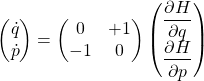 \begin{equation*} \begin{pmatrix} \dot{q}\\ \dot{p} \end{pmatrix}=\begin{pmatrix} 0 & +1\\ -1 & 0\end{pmatrix}\begin{pmatrix}\dfrac{\partial H}{\partial q}\\ \dfrac{\partial H}{\partial p}\end{pmatrix} \end{equation*}