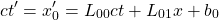\[ ct'=x'_0=L_{00}ct+L_{01}x+b_0\]