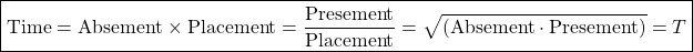 \[ \boxed{\mbox{Time}=\mbox{Absement}\times\mbox{Placement}=\dfrac{\mbox{Presement}}{\mbox{Placement}}=\sqrt{(\mbox{Absement}\cdot\mbox{Presement})}=T}\]