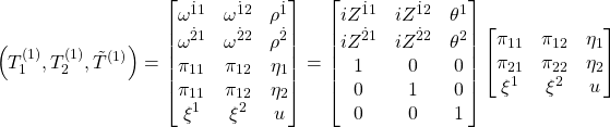 \begin{equation*}\left(T_1^{(1)},T_2^{(1)},\tilde{T}^{(1)}\right)=\begin{bmatrix}\omega^{\dot{1}1} & \omega^{\dot{1}2} & \rho^{\dot{1}}\\ \omega^{\dot{2}1} & \omega^{\dot{2}2} & \rho^{\dot{2}}\\ \pi_{11} & \pi_{12} & \eta_1\\ \pi_{11} & \pi_{12} & \eta_2\\ \xi^1 & \xi^2 & u\end{bmatrix}=\begin{bmatrix}iZ^{\dot{1}1} & iZ^{\dot{1}2} & \theta^1\\ iZ^{\dot{2}1} & iZ^{\dot{2}2} & \theta^2\\ 1 & 0 & 0\\ 0 & 1 & 0\\ 0 & 0 & 1\end{bmatrix}\begin{bmatrix}\pi_{11} & \pi_{12} & \eta_1\\ \pi_{21} & \pi_{22} & \eta_2\\ \xi^1 & \xi^2 & u\end{bmatrix}\end{equation*}