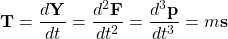 \[ \mathbf{T}=\dfrac{d\mathbf{Y}}{dt}=\dfrac{d^2\mathbf{F}}{dt^2}=\dfrac{d^3\mathbf{p}}{dt^3}=m\mathbf{s}\]