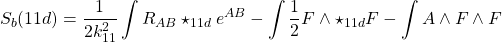 \begin{equation*} S_b(11d)=\dfrac{1}{2k_{11}^2}\int R_{AB}\star_{11d} e^{AB}-\int\dfrac{1}{2}F\wedge \star_{11d} F-\int A\wedge F\wedge F \end{equation*}